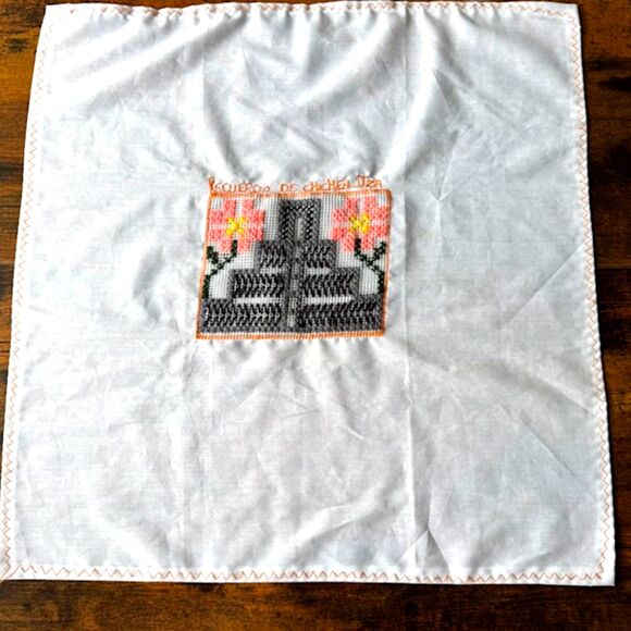 VTG Handmade Multicolor Cross-Stitch 18X18 Linen Mayan Ruins Primitive Decor Art - Picture 5 of 12